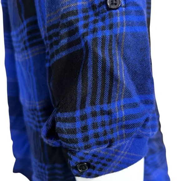 KC Khakis & Co Blue Black Plaid Button Down Shirt Rayon Roll Tab Sleeve Blouse - Picture 5 of 10